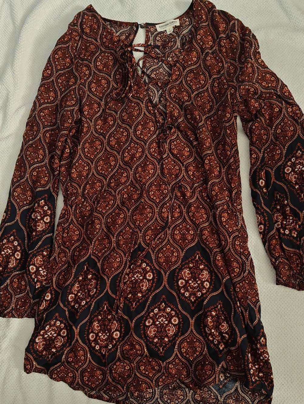 Cotton Candy Brown Paisley Tie-Neck Dress Size S